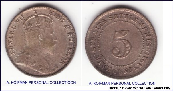 KM-20a, 1910 Straits Settlements 5 cents, Bombay mint, Edward VII; silver, reeded edge; good very fine to about extra fine, toned, normal 9 in the date