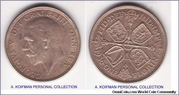 KM-834, 1936 Great Britain George V florin; silver, reeded edge; uncirculated or almost, toned.