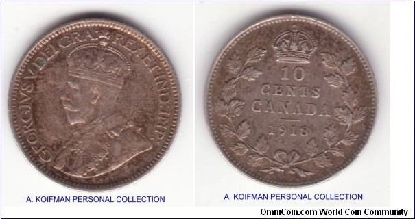 KM-23, 1918 Canada 10 cents, George V; silver, reeded edge; good very fine