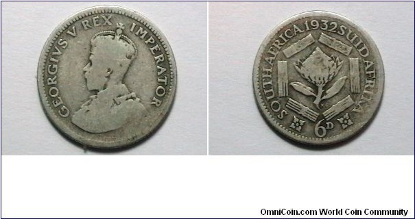 South Africa 1932  6 Pence KM# 16.2 