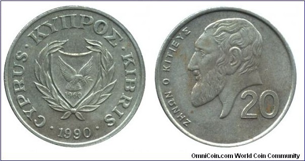 Cyprus, 20 cents, 1990, Bronze, 27.25mm, 7.75g, Zeno of Citium.