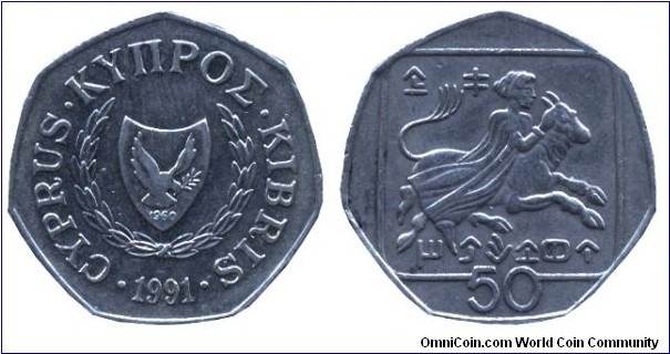 Cyprus, 50 cents, 1991, Cu-Ni, 26mm, 7g, Abduction of Europa.