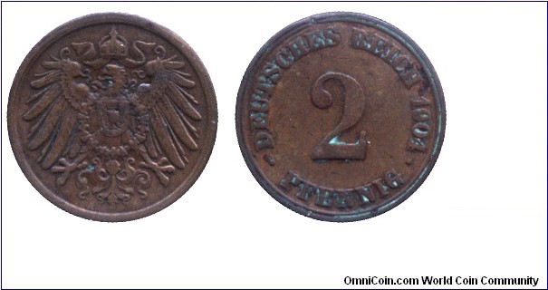 German Empire, 2 pfennig, 1904, Cu, 20mm, 3.33g, MM: A (Berlin), Imperial Eagle.
