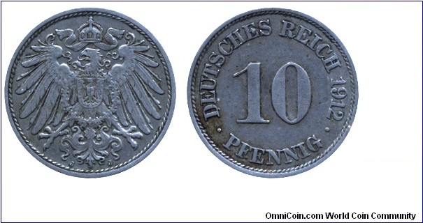 German Empire, 10 pfennig, 1912, Cu-Ni, 21mm, MM: J (Hamburg), Imperial Eagle.