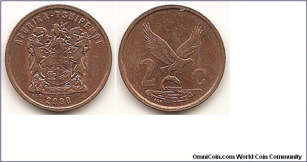 2 Cents
KM#159
3.0000 g., Copper-Plated-Steel, 18 mm. Obv: Arms with supporters Obv. Leg.: AFURIKA TSHIPEMBE, Venda legend Rev: Eagle with fish in talons divides value