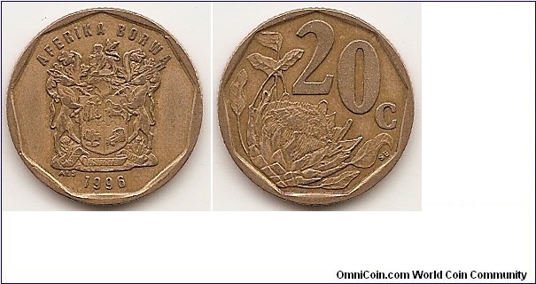 20 Cents
KM#162
3.4500 g., Brass Plated Steel, 19 mm. Obv: Arms with supporters Obv. Leg.: AFERIKA BORWA, Tswana legend above arms Rev: Protea flower within sprigs, value at upper right