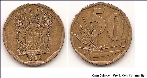 50 Cents
KM#163
5.0000 g., Bronze Plated Steel, 22 mm. Obv: Arms with supporters Obv. Leg.: AFRIKA BORWA, Sotho legend Rev: Plant and value