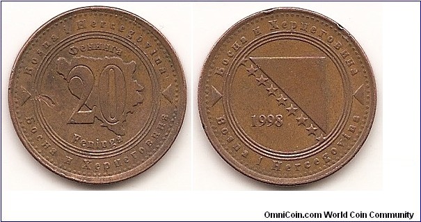 20 Feninga
KM#116
4.5000 g., Copper-Plated-Steel, 21.97 mm. Obv: Denomination on map within circle Rev: Triangle and stars, date at left, within circle