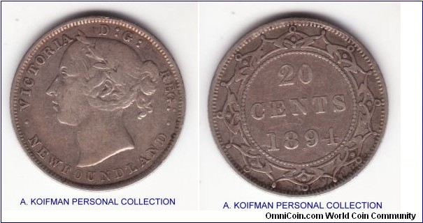 KM-4, 1894 Newfoundland 20 cents; silver, reeded edge; good fine plus, some toning, probably cleaned in the past