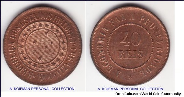 KM-491, 1900 Brazil 40 reis; bronze, plain edge; nice uncirculated mostly red specimen
