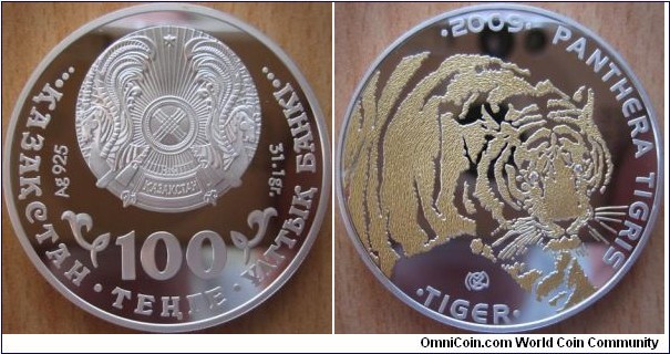 100 Tenge - Tiger - 31.1 g Ag .925 Proof (partially gold plated + diamonds eyes)- mintage 13,000