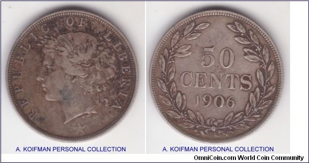 KM-9, 1906 Liberia 50 cents, Heaton mint (H mintmark); silver, reeded edge; from good fine to about very fine, bit spotty, mintage 24,000, scarce issue