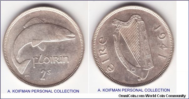 KM-15, 1941 Ireland florin; silver, reeded edge; looks to be extra fine, some luster remaining