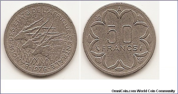 50 Francs -Central African States- KM#11
4.7000 g., Nickel, 21.5 mm. Obv: Three giant eland left, date below Rev: Denomination within flower design
