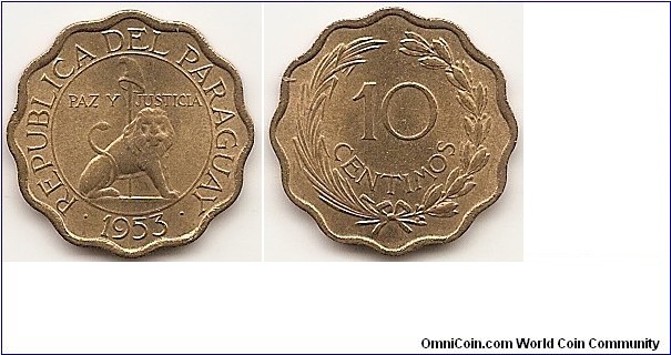 10 Centimos
KM#25
Aluminum-Bronze Obv: Seated lion with liberty cap on pole within circle Rev: Value within wreath
