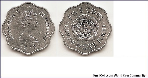 5 Cents
KM#18
0.7700 g., Aluminum, 18.5 mm. Series: F.A.O. Obv: Young bust right Rev: Cabbage head