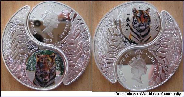 2 X 1 Dollar - Year of the Tiger - Bengal tiger and Siberian tiger - 2 X 31.1 g Ag .999 Proof (Yin and Yang shape) - mintage 10,000