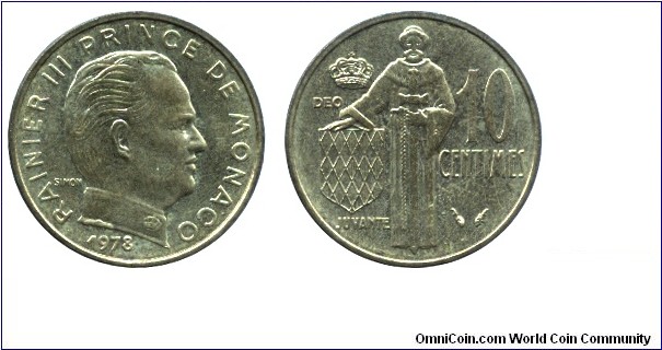 Monaco, 10 centimes, 1978, Al-Bronze, Prince Rainier III.