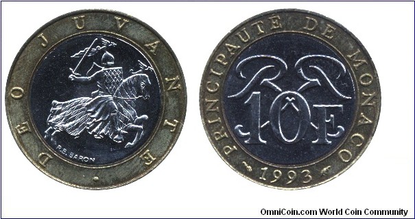 Monaco, 10 francs, 1993, Al-B-Ni, Deo Juvente.