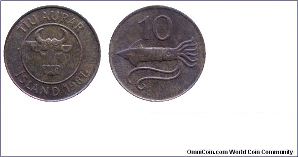 Iceland, 10 aurar, 1981, Bronze, 17mm, 2g, Cephalopoda (squid), head of cow.