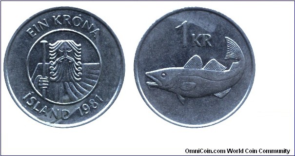 Iceland, 1 króna, 1981, Cu-Ni, 21.5mm, 4.5g, Gadus morhua (Cod fish), Giant, one of the four Defenders of Iceland.