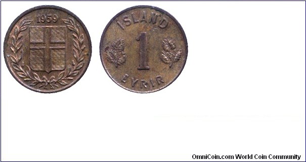 Iceland, 1 eyrir, 1959, Bronze, 15.1mm, 1.62g.