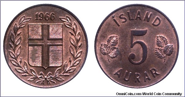 Iceland, 5 aurar, 1966, Bronze, 6.06g.