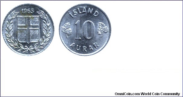 Iceland, 10 aurar, 1965, Cu-Ni, 14.98mm, 1.52g.