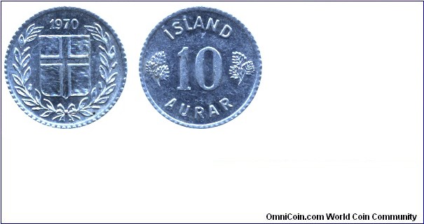 Iceland, 10 aurar, 1970, Al, 14.64mm, 0.48g.