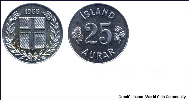 Iceland, 25 aurar, 1966, Cu-Ni, 16.6mm, 2.44g.
