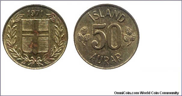 Iceland, 50 aurar, 1971, Ni-Brass, 19.04mm, 2.4g.