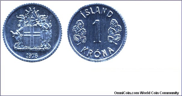 Iceland, 1 króna, 1978, Al, 16.01mm, 0.56g.