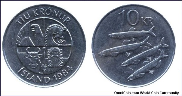 Iceland, 10 krónur, 1981, Cu-Ni, 27.5mm, 8g, Mallotus villosus (Capelins), Four Defenders of Iceland.