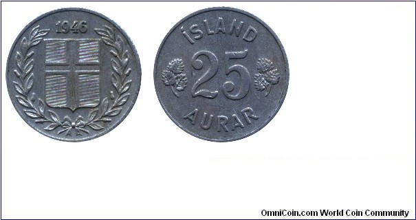 Iceland, 25 aurar, 1946, Cu-Ni, 16.06mm, 2.44g.