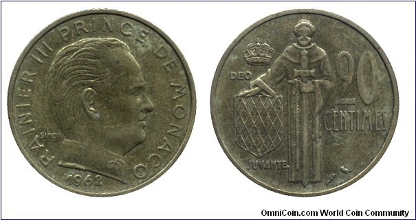 Monaco, 20 centimes, 1962, Al-Bronze, 23.5mm, 3.96g, Deo Juvante, Prince Rainier III.