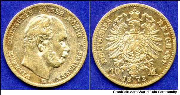 10 Mark.
German Empire.
Prussia.
Wilhelm (1861-1888) von Preussen.
*B* - Hannover mint.
Mintage 2,273,000 units.


Au900f. 3,982gr.