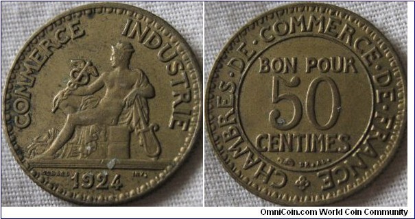1924 50 centimes, VF+ bright rather then lustrous