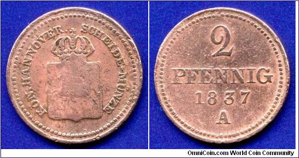 2 pfenning.
Hannover.
Wilhelm (Wiliam) IV (1830-1837), King of Britain.
*A*- Clausthal mint.


Cu.