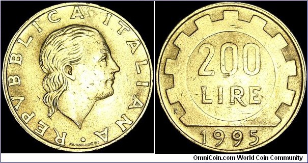 Italy - 200 Lire - 1995 - Weight 5,0 gr - Aluminum / Bronze - Size 24 mm - President / Oscar Luigi Scalfaro (1992-99) - Designer / M Vallucci - Mintage 170 000 000 - Edge : Reeded - Reference KM# 105 (1977-2000)