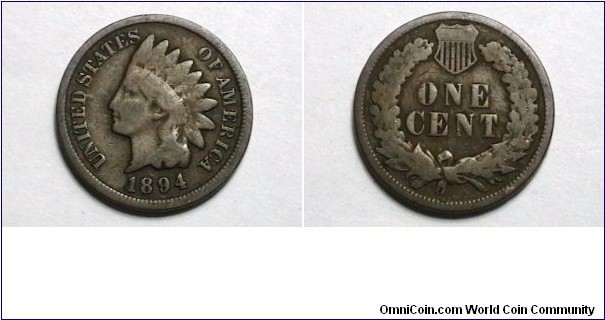 U.S. 1894 1 Indian Head Cent KM# 90a 