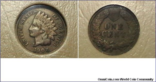 U.S. 1908 1 Indian Head Cent KM# 90a 