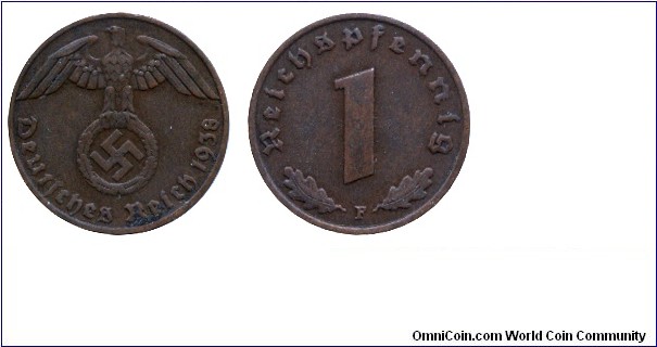 Third Empire, 1 pfennig, 1938, Bronze, 17.43mm, 2.01g, MM: F (Stuttgart), Imperial Eagle above Swastika.