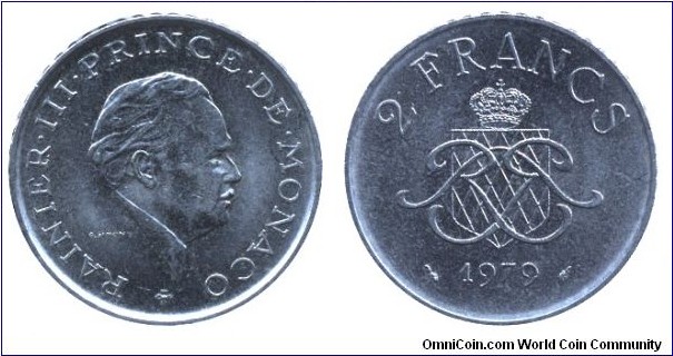 Monaco, 2 francs, 1979, Ni, 26.5mm, Prince Rainier III.