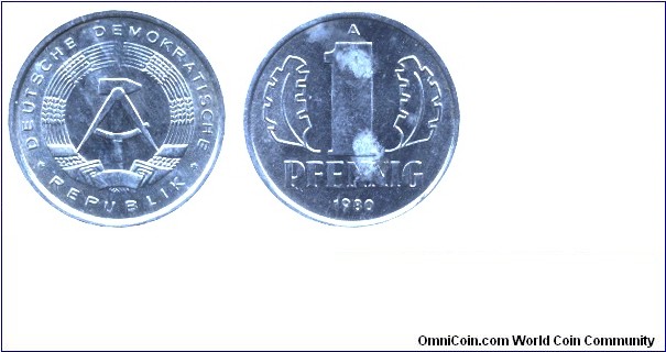 German Democratic Republic, 1 pfennig, 1980, Al, 17mm, 0.75g, MM: A (Berlin).
