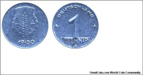 German Democratic Republic, 1 pfennig, 1950, Al, 17mm, 0.75g, MM: E (Muldenhütte).