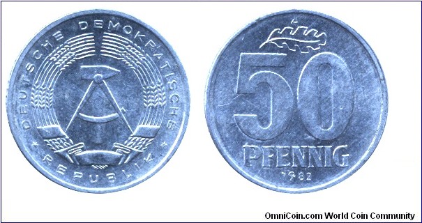 German Democratic Republic, 50 pfennig, 1982, Al, 22.93mm, 1.93g, MM: A (Berlin).