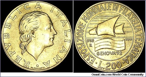 Italy - 200 Lire - 1992 - Weight 5,0 gr - Aluminum / Bronze - Size 24 mm - President / Oscar Luigi Scalfaro (1992-99) - Designer / M. Vallucci - Mintage 110 000 000 - Edge : Reeded - Subject / Genoa Stamp Exposition - Reference KM# 151 (1992)