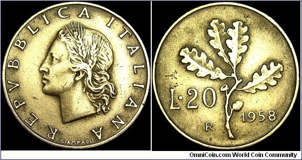 Italy - 20 Lire - 1958 - Weight 3,6 gr - Aluminum / Bronze - Size 21,25 mm - President / Giovanni Gronchi (1955-62) - Designer / Pietro Giampaoli - Mintage 80 550 000 - Edge : Reeded - Reference KM# 97.1 (1957-59)