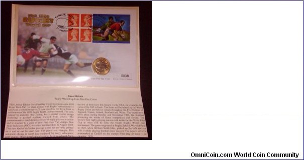 2 Pounds. Coin First Day Cover to Commemorate Rugby World Cup in Cardiff.