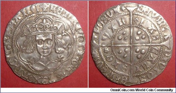 1427-30 Henry VI. Groat (rosette-mascle issue)
(Recovered as part of the Reigate Hoard)
Calais.Silver.27mm 